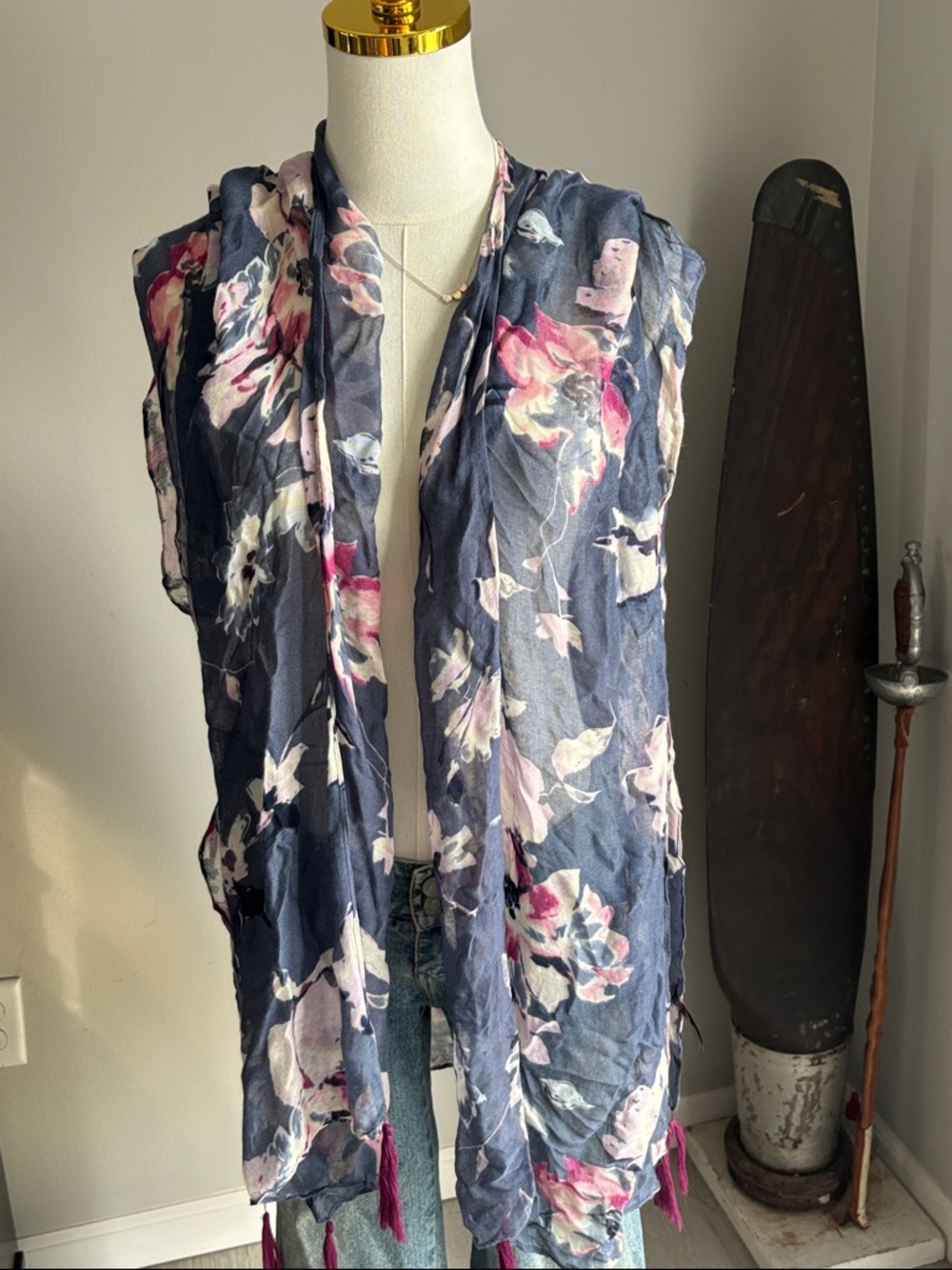 Floral Navy Lightweight Wrap Scarf with Pink Accents